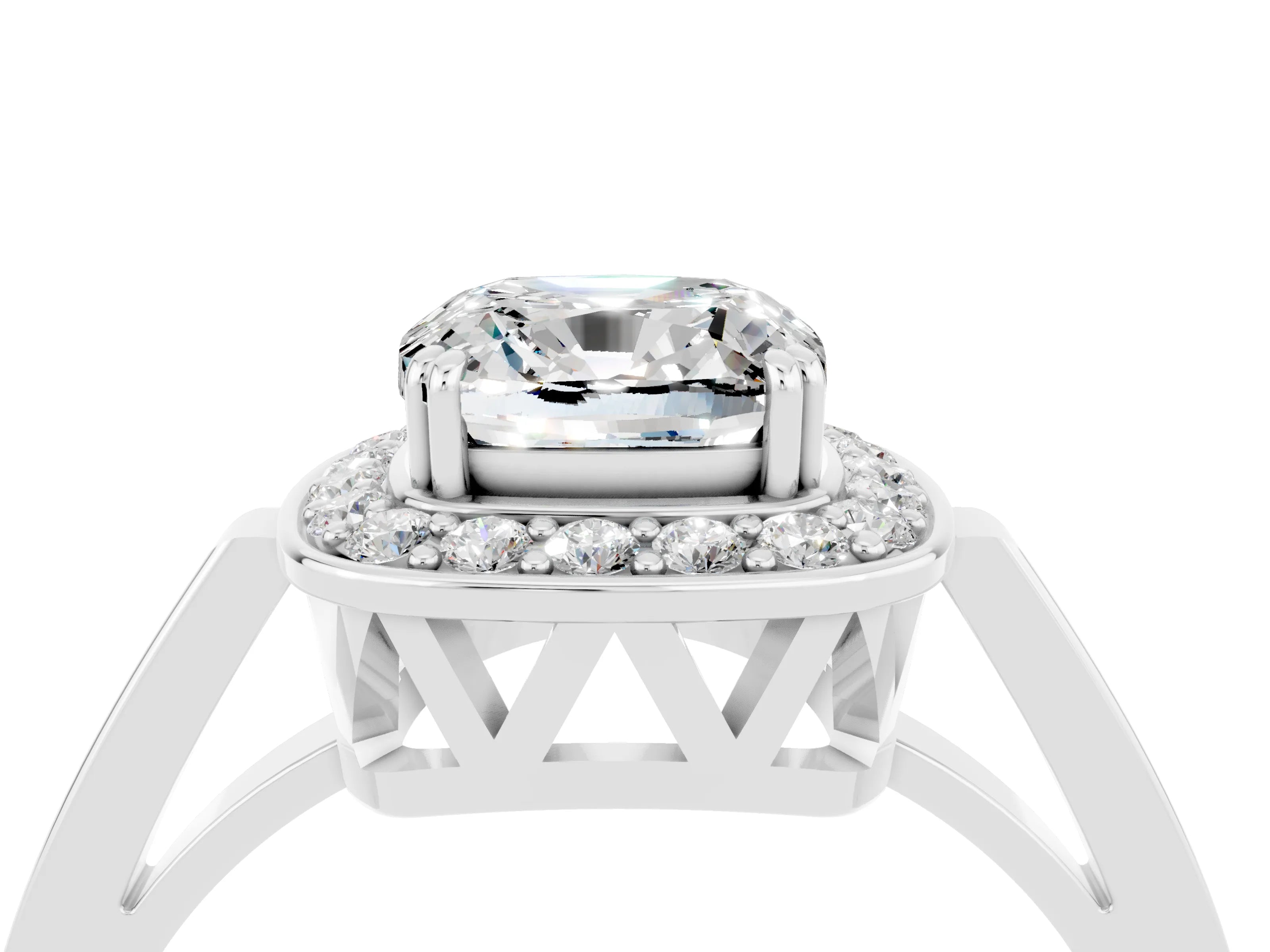 White gold Cushion Cut Moissanite Halo Ring with Split Shank and Four-Prong Setting_40