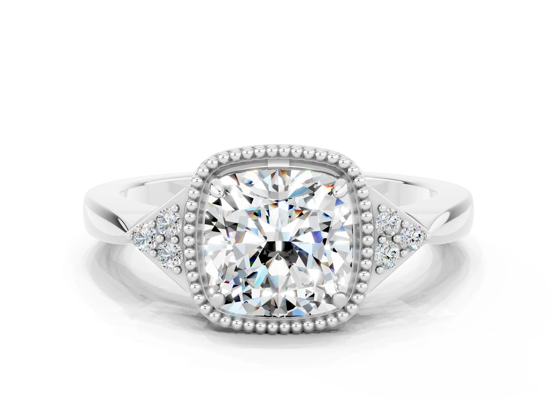 White gold Cushion Cut Moissanite Halo Ring with Tapered Band and Four-Prong Setting