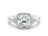 White gold Cushion Cut Moissanite Halo Ring with Tapered Band and Four-Prong Setting