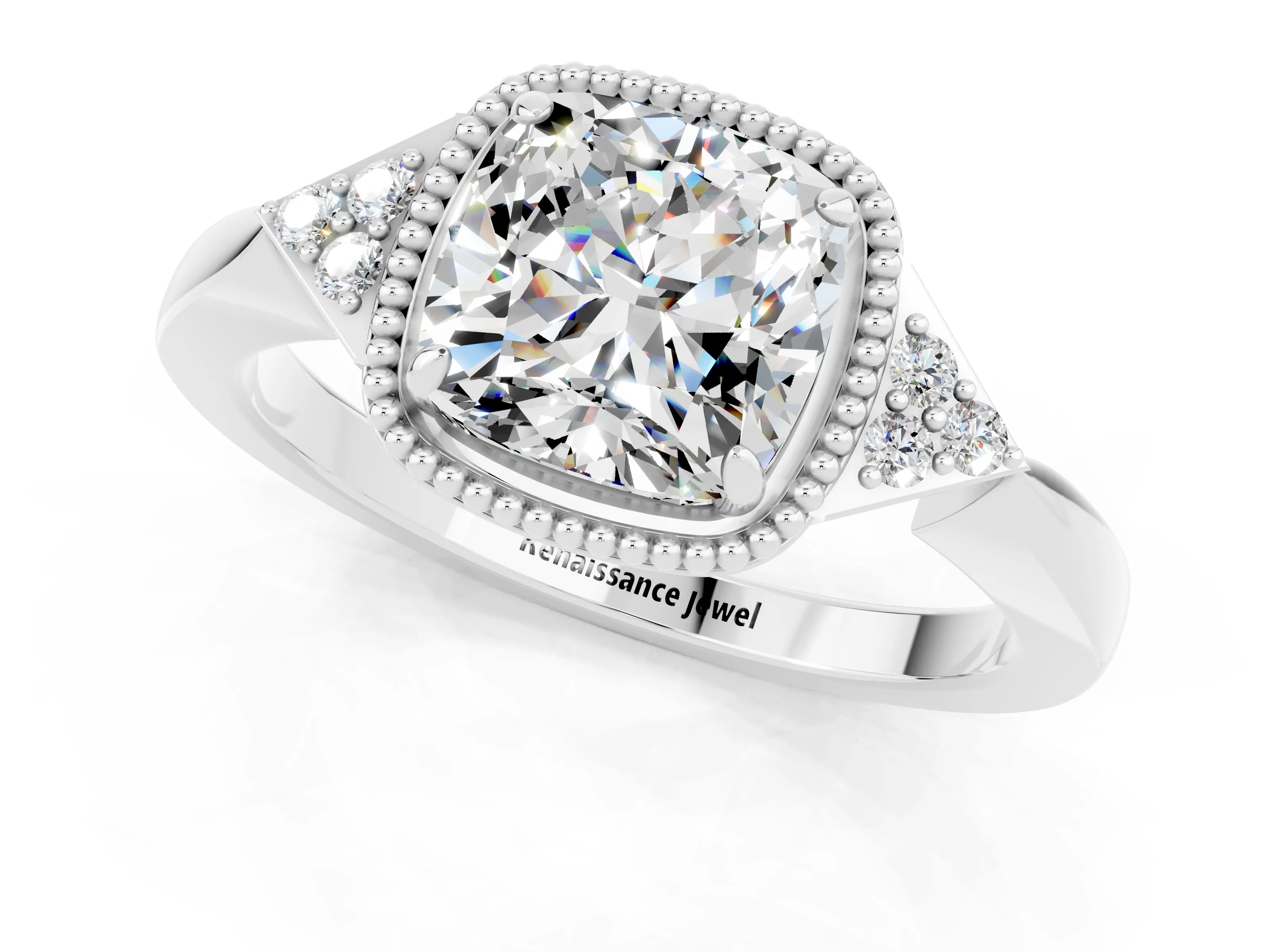 White gold Cushion Cut Moissanite Halo Ring with Tapered Band and Four-Prong Setting_1