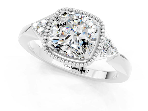 White gold Cushion Cut Moissanite Halo Ring with Tapered Band and Four-Prong Setting