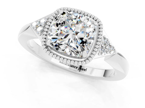 White gold Cushion Cut Moissanite Halo Ring with Tapered Band and Four-Prong Setting_1