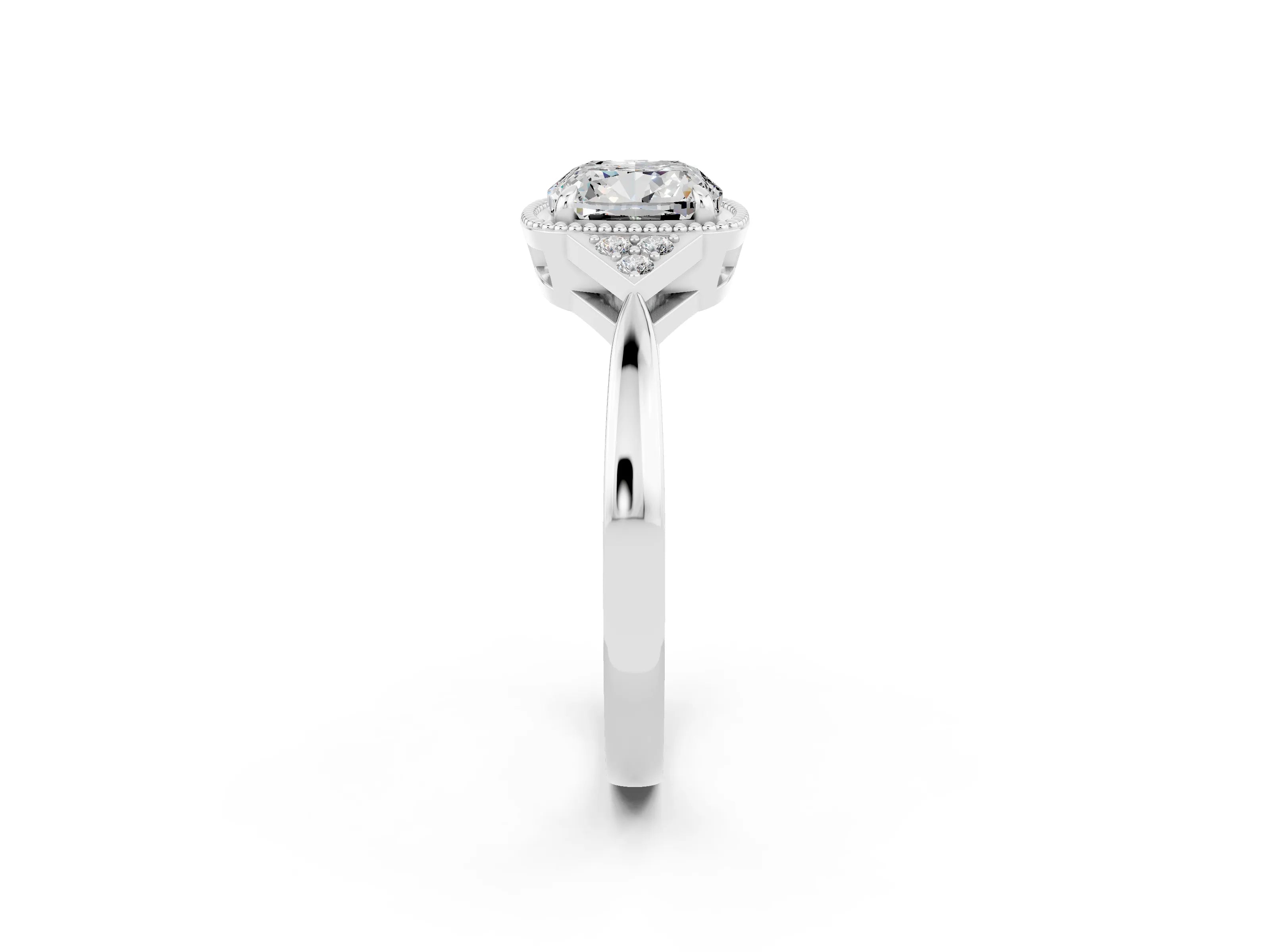 White gold Cushion Cut Moissanite Halo Ring with Tapered Band and Four-Prong Setting_2