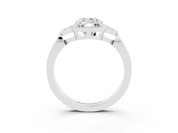 Platinum Cushion Cut Moissanite Halo Ring with Tapered Band and Four-Prong Setting