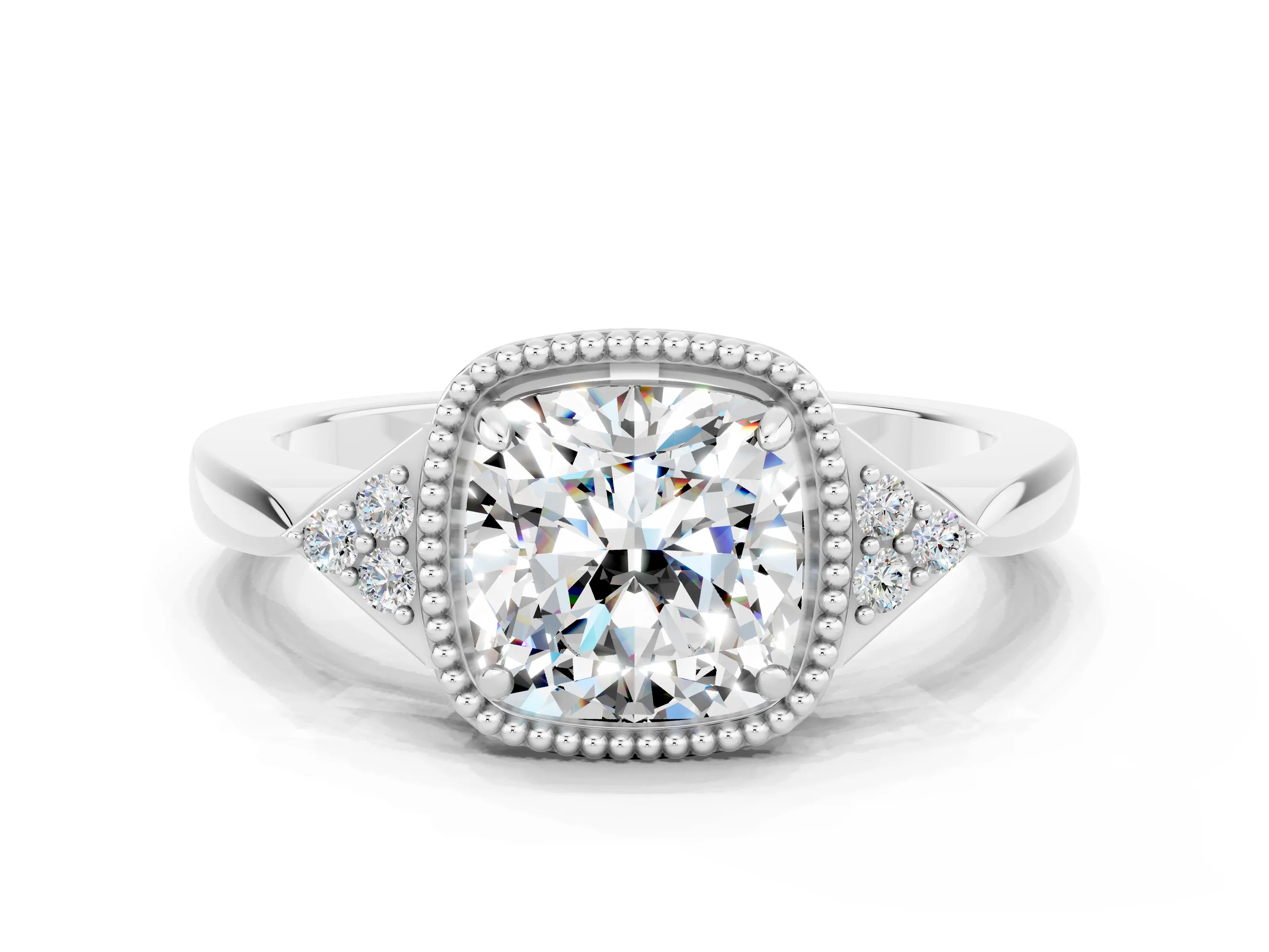 White gold Cushion Cut Moissanite Halo Ring with Tapered Band and Four-Prong Setting