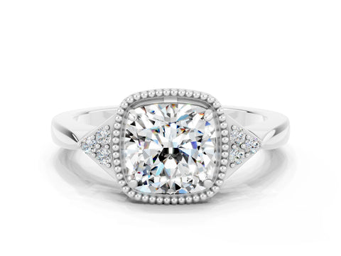 White gold Cushion Cut Moissanite Halo Ring with Tapered Band and Four-Prong Setting
