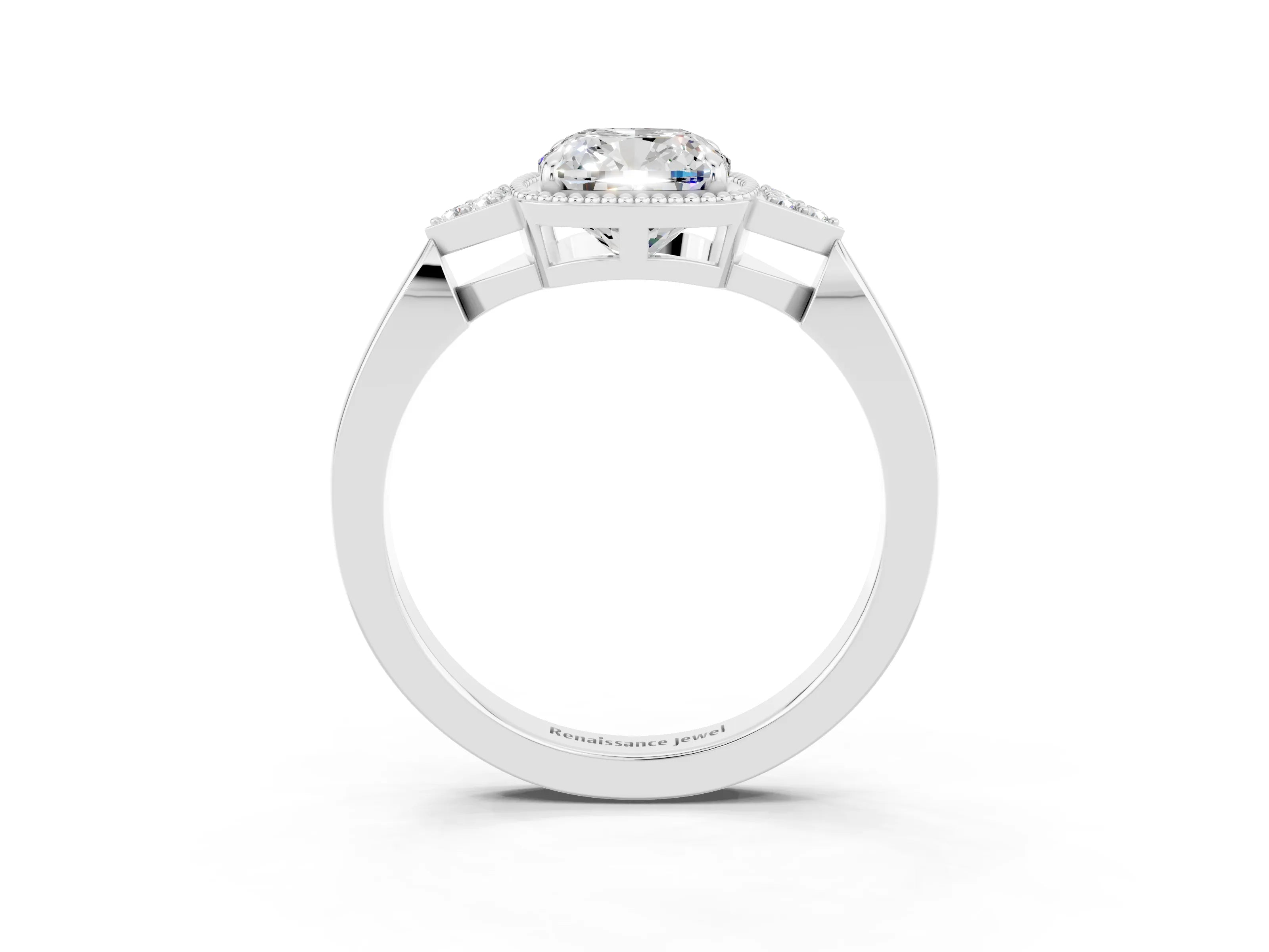 White gold Cushion Cut Moissanite Halo Ring with Tapered Band and Four-Prong Setting_3