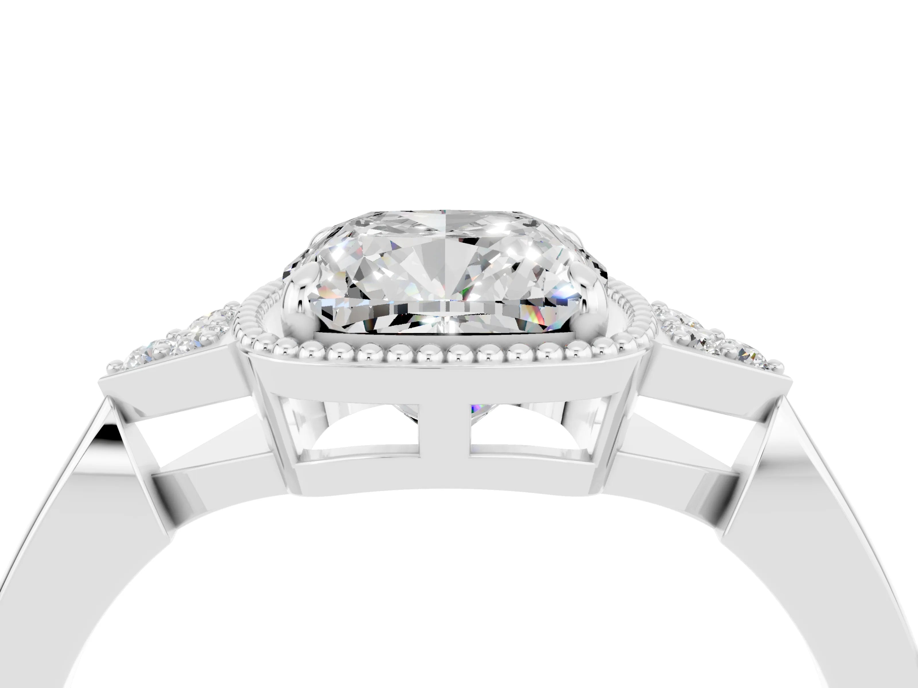 White gold Cushion Cut Moissanite Halo Ring with Tapered Band and Four-Prong Setting_4