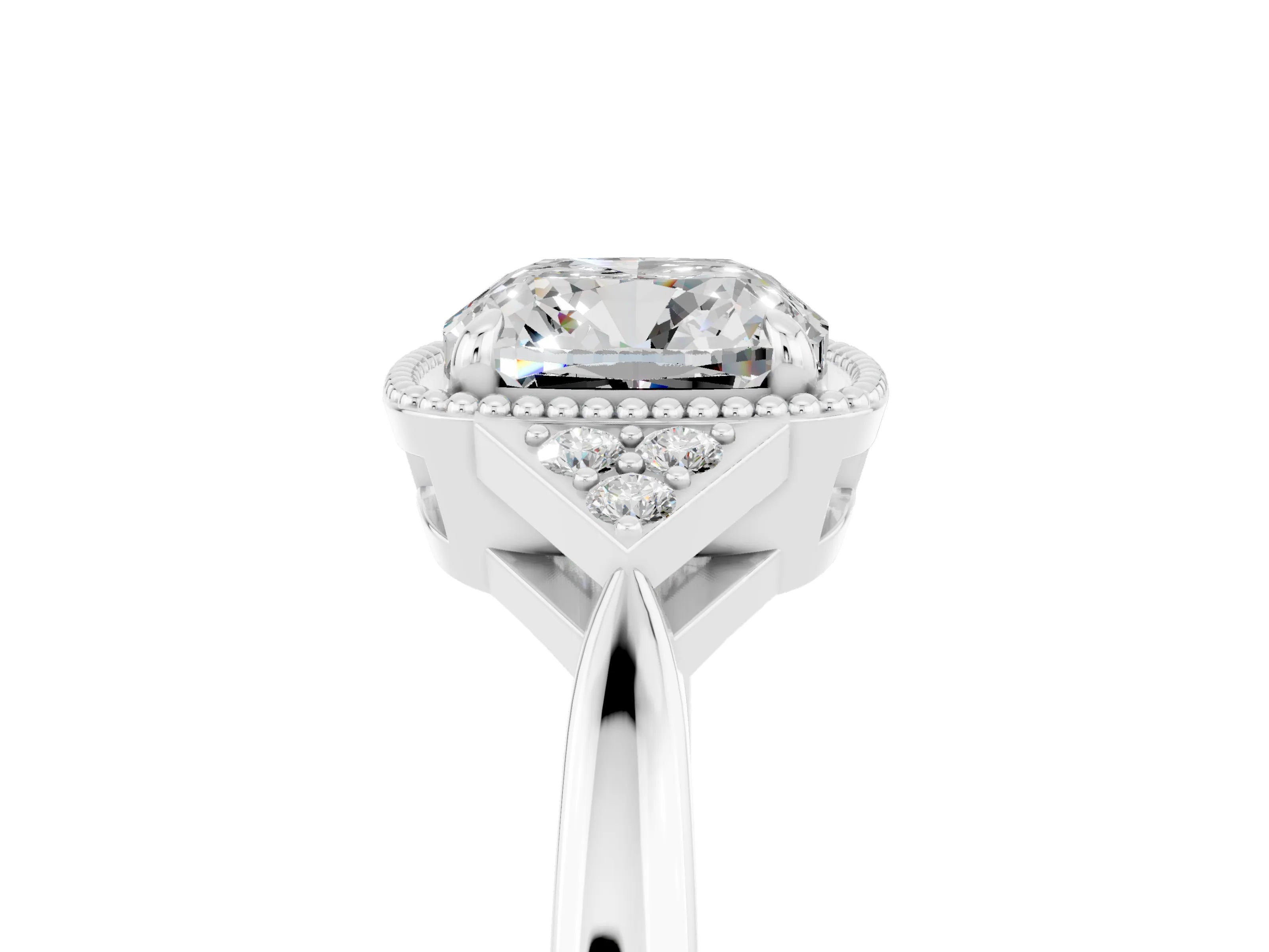 White gold Cushion Cut Moissanite Halo Ring with Tapered Band and Four-Prong Setting_5