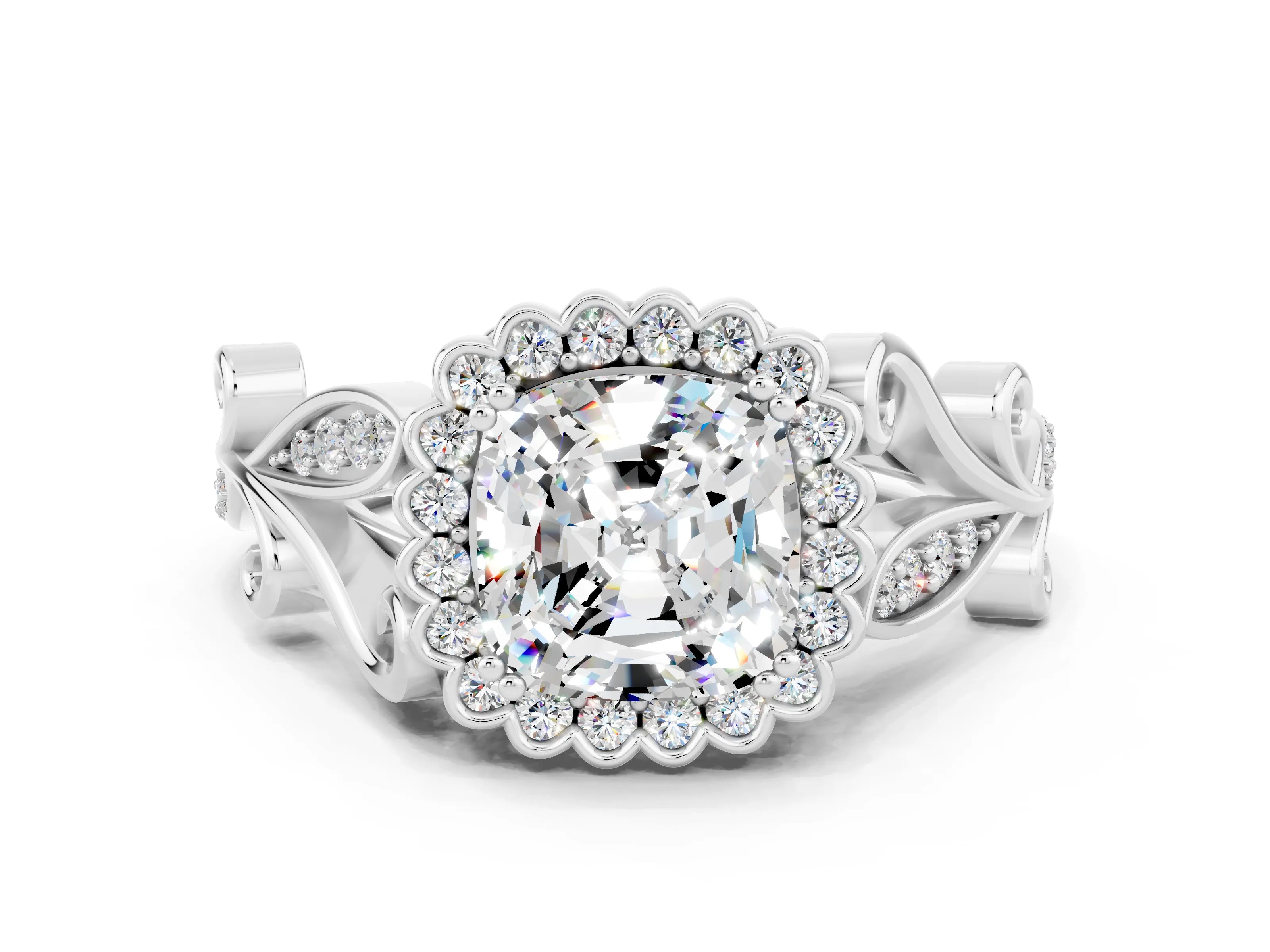 White gold Cushion Cut Moissanite Halo Ring with Vintage Split Shank and Four-Prong Setting_24