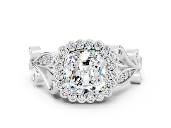 Platinum Cushion Cut Moissanite Halo Ring with Vintage Split Shank and Four-Prong Setting
