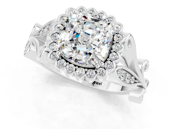 White gold Cushion Cut Moissanite Halo Ring with Vintage Split Shank and Four-Prong Setting