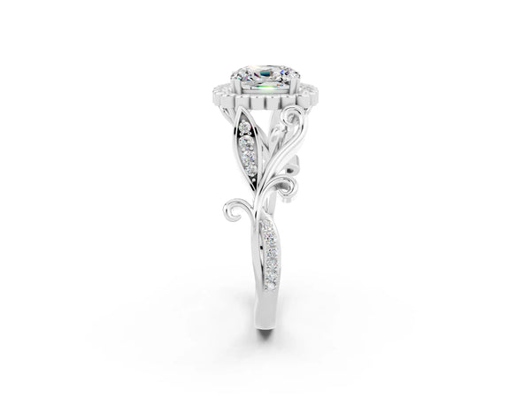 White gold Cushion Cut Moissanite Halo Ring with Vintage Split Shank and Four-Prong Setting