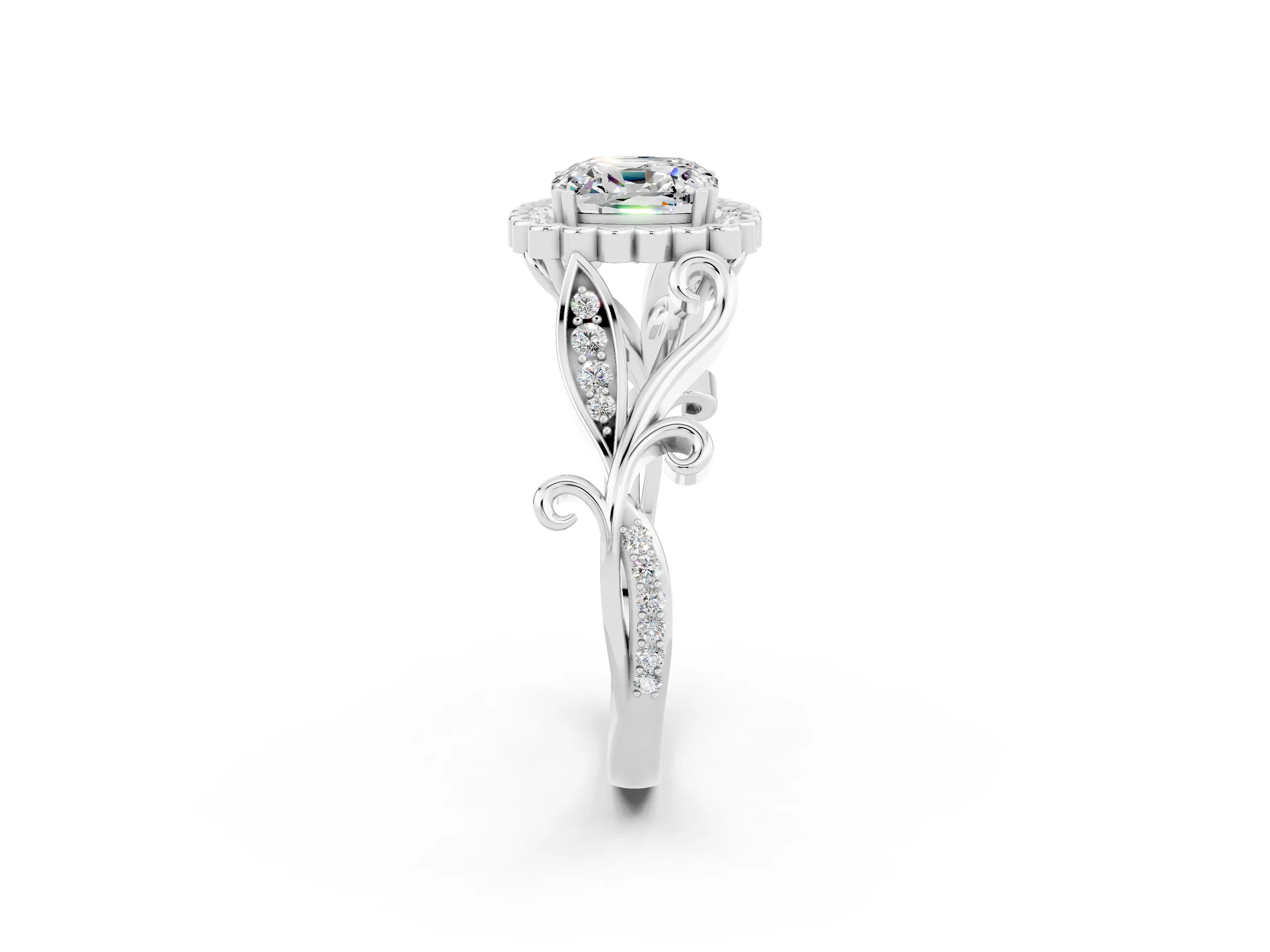White gold Cushion Cut Moissanite Halo Ring with Vintage Split Shank and Four-Prong Setting_26