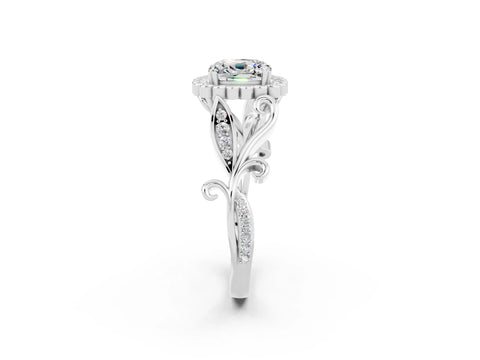 White gold Cushion Cut Moissanite Halo Ring with Vintage Split Shank and Four-Prong Setting_26