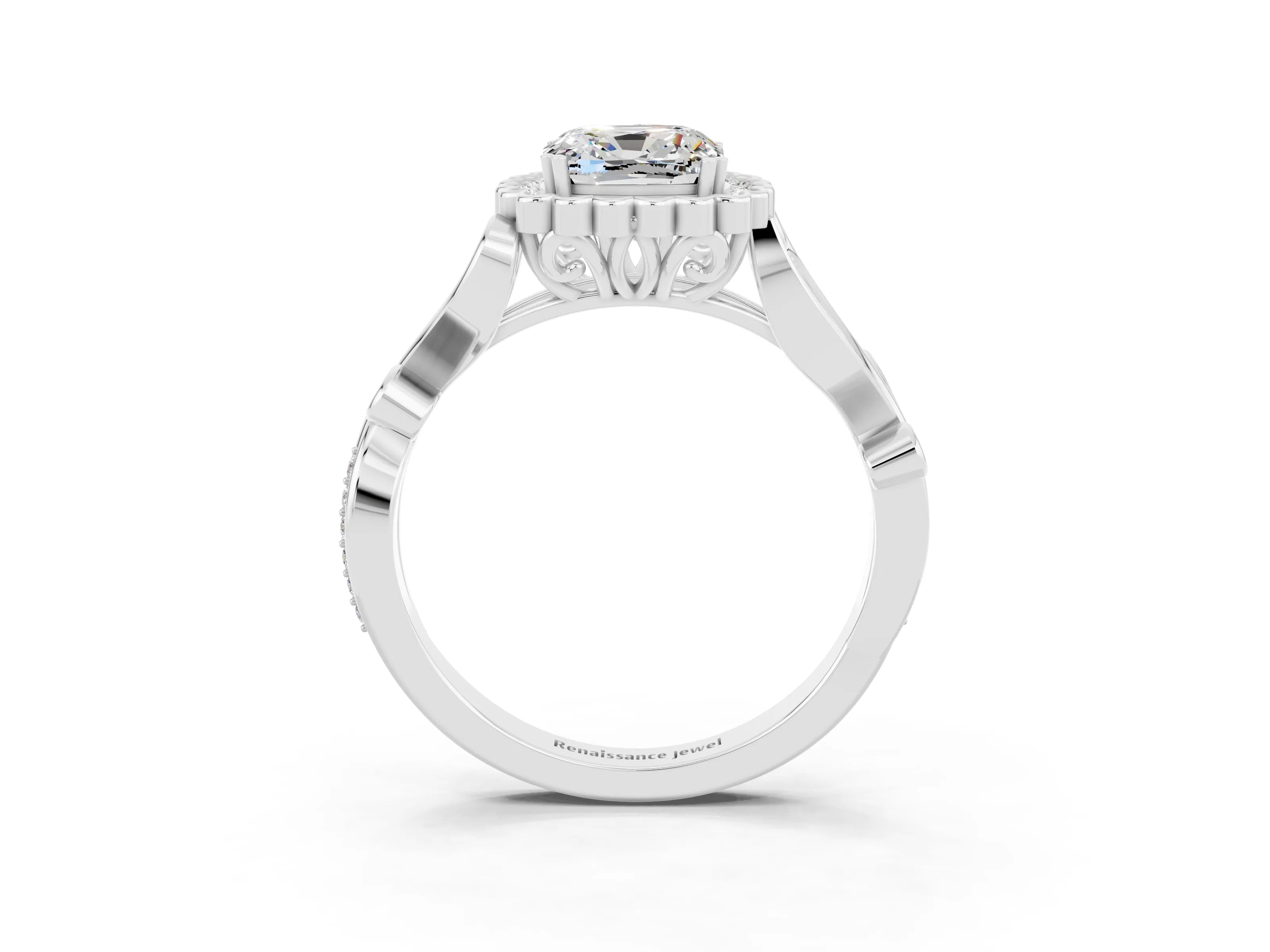 White gold Cushion Cut Moissanite Halo Ring with Vintage Split Shank and Four-Prong Setting_27