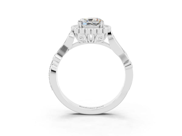 White gold Cushion Cut Moissanite Halo Ring with Vintage Split Shank and Four-Prong Setting