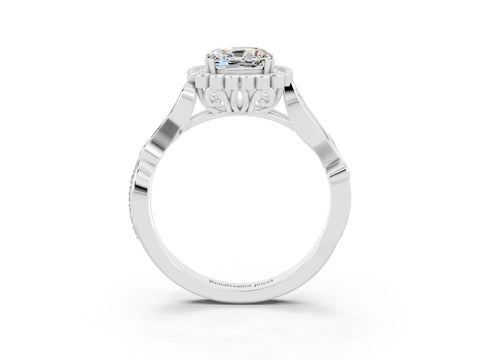 White gold Cushion Cut Moissanite Halo Ring with Vintage Split Shank and Four-Prong Setting_27