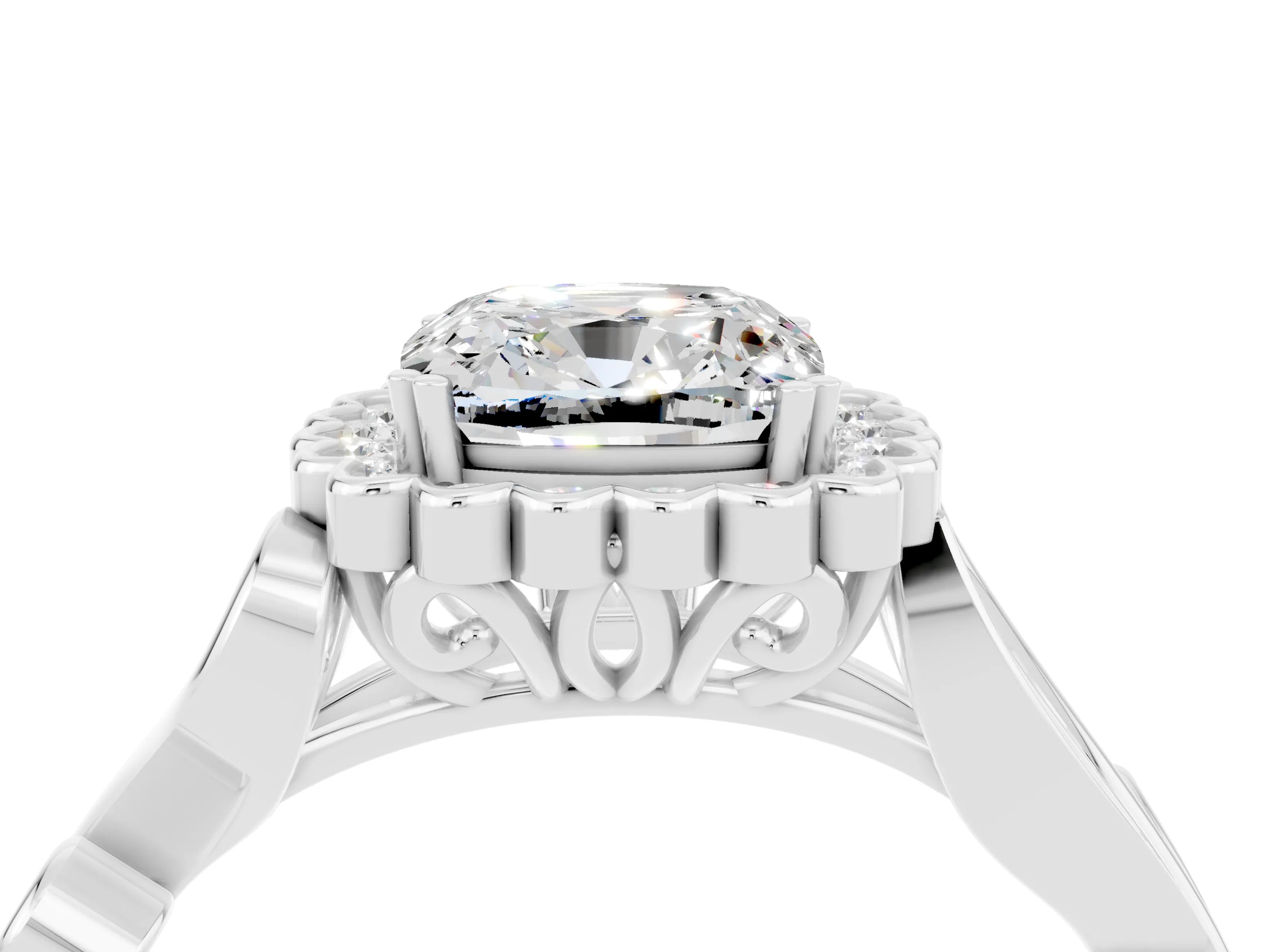 White gold Cushion Cut Moissanite Halo Ring with Vintage Split Shank and Four-Prong Setting_28