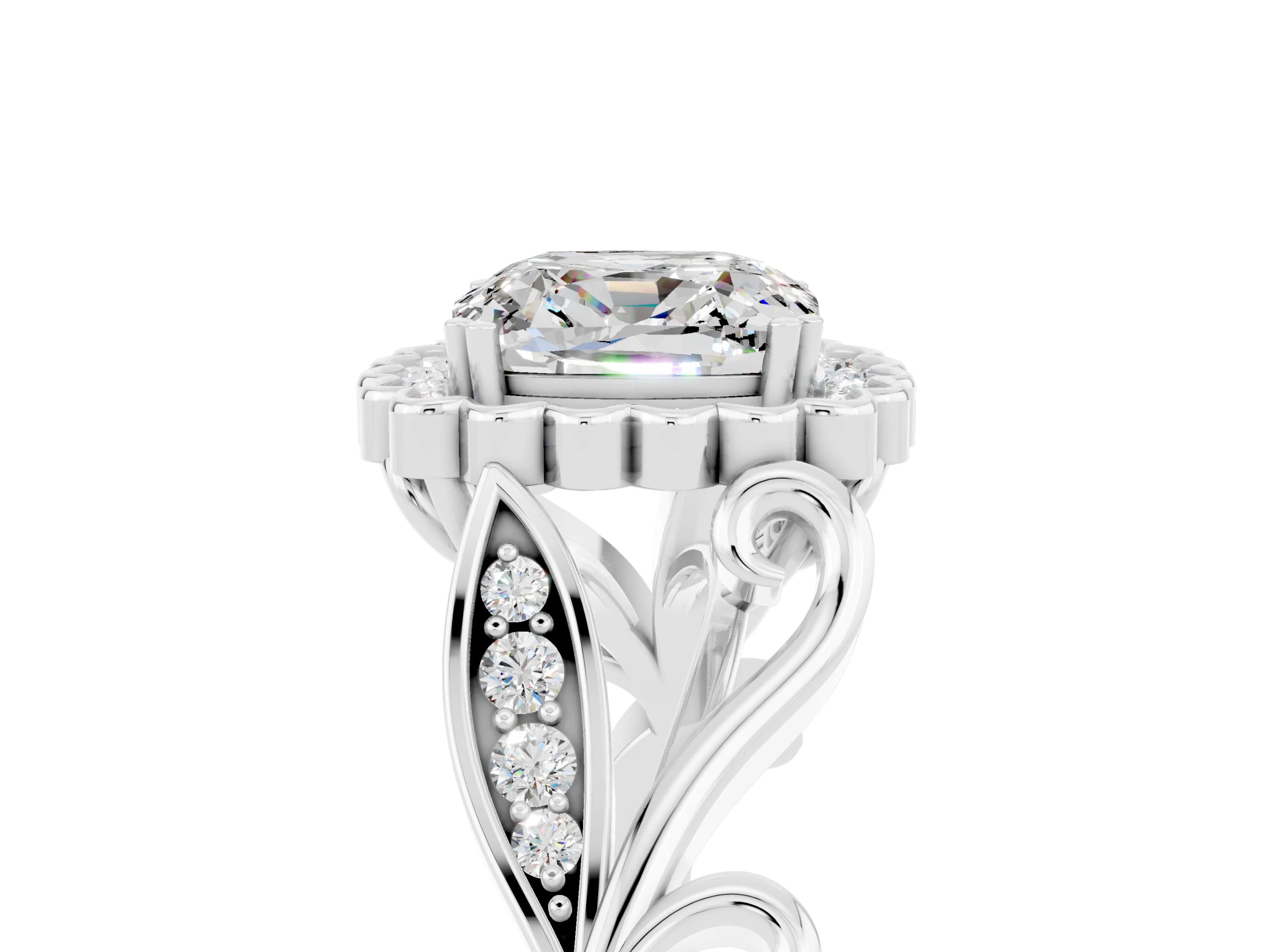 White gold Cushion Cut Moissanite Halo Ring with Vintage Split Shank and Four-Prong Setting_29