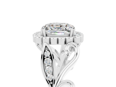 White gold Cushion Cut Moissanite Halo Ring with Vintage Split Shank and Four-Prong Setting_29
