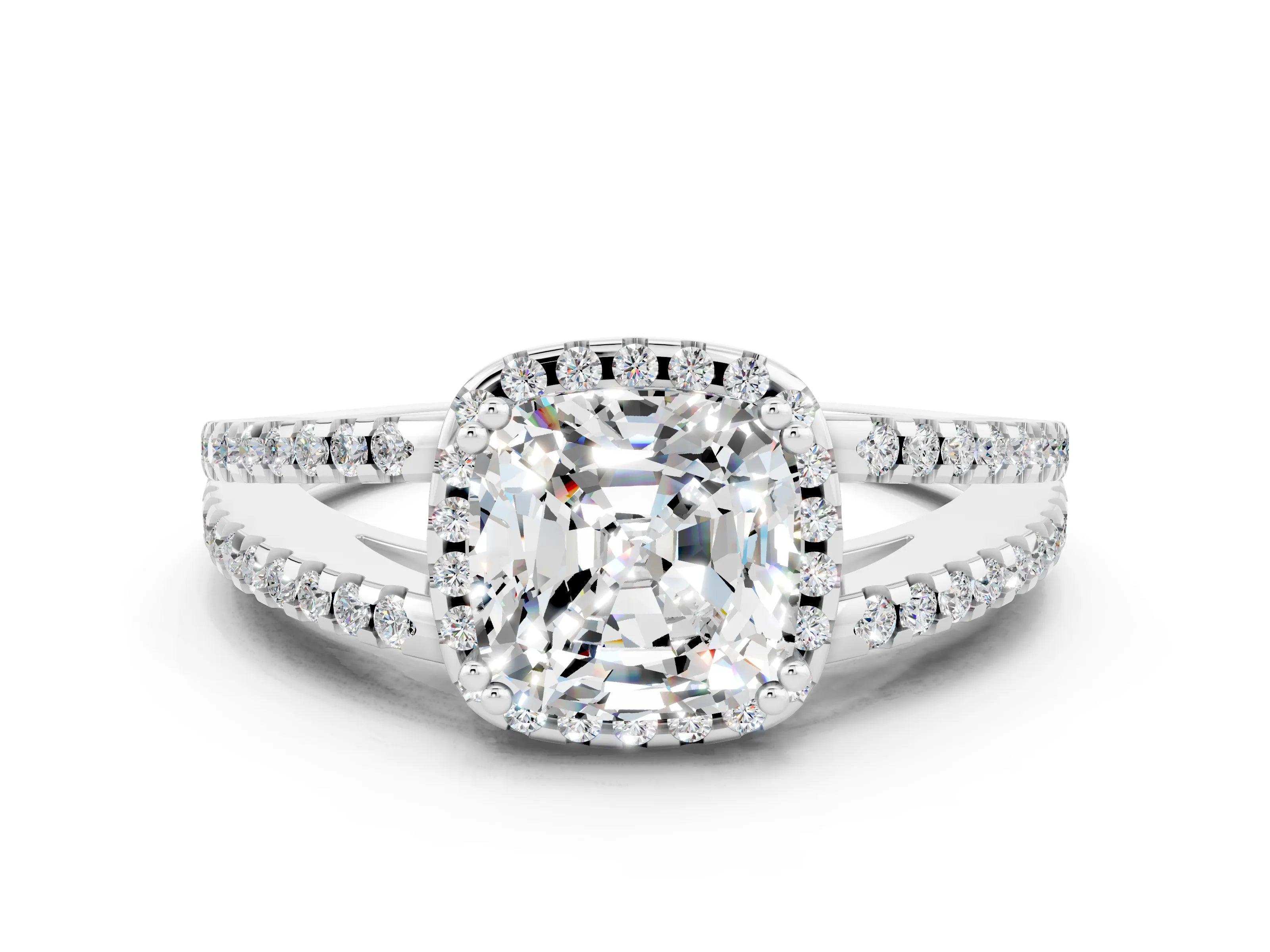 White gold Cushion Cut Moissanite Halo Split Shank Engagement Ring_12