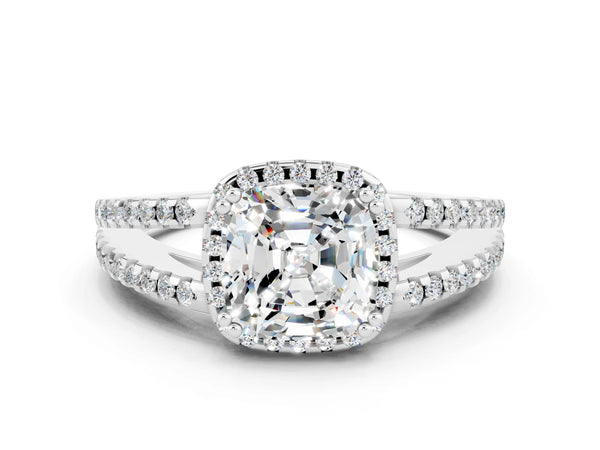 White gold Cushion Cut Moissanite Halo Split Shank Engagement Ring