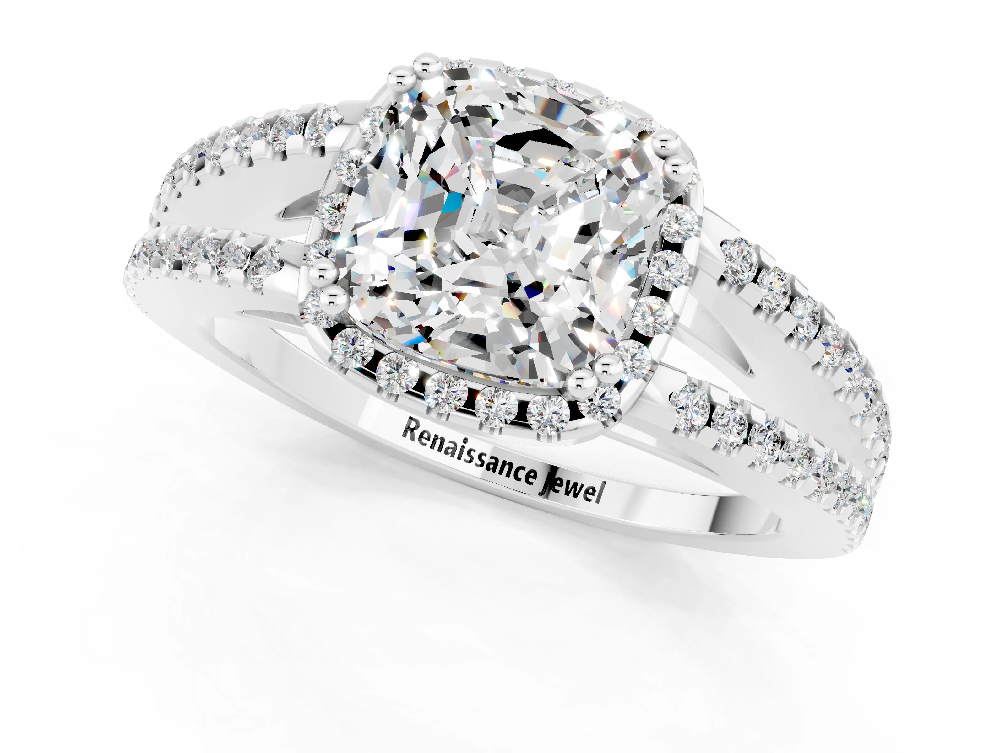 White gold Cushion Cut Moissanite Halo Split Shank Engagement Ring_13