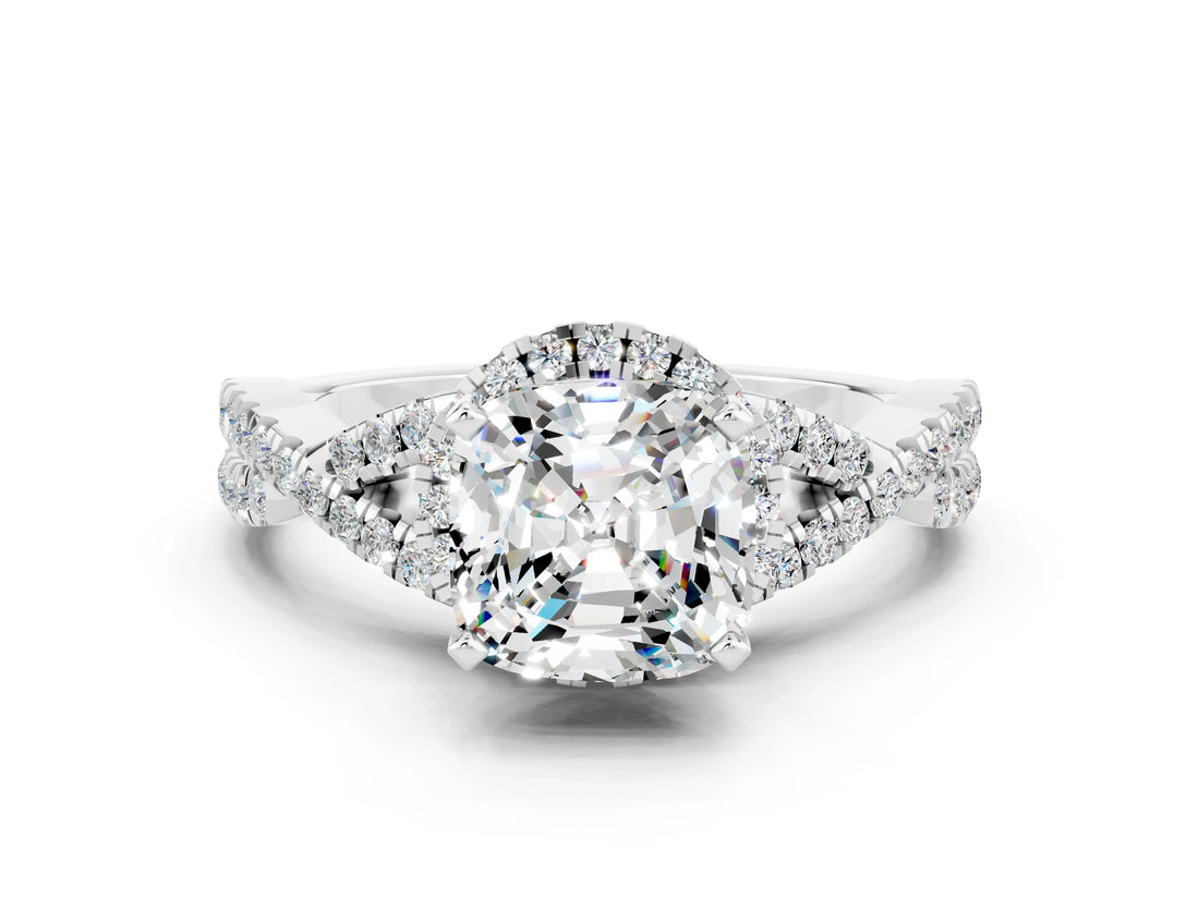 White gold Cushion Cut Moissanite Halo Twist Band Solitaire Prong Setting Ring