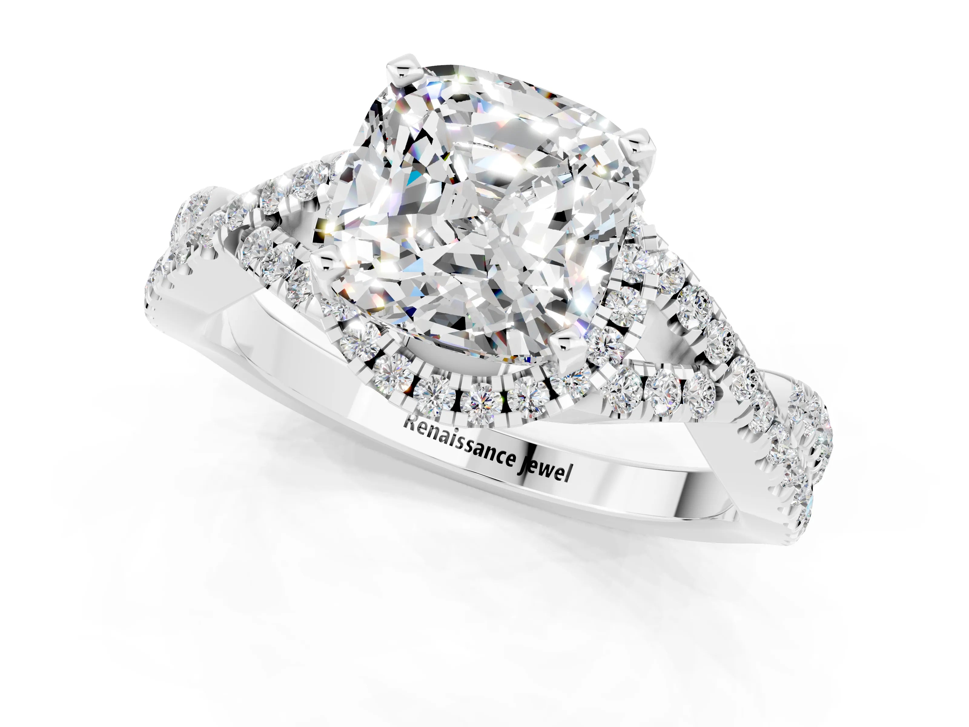 White gold Cushion Cut Moissanite Halo Twist Band Solitaire Prong Setting Ring_1