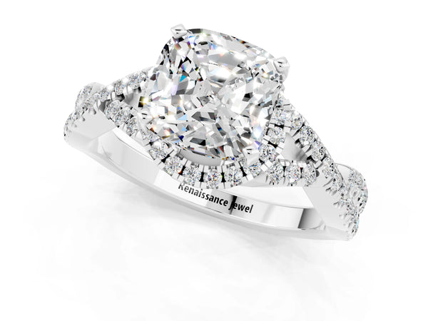 Silver Cushion Cut Moissanite  Halo Twist Band Solitaire Prong Setting Ring