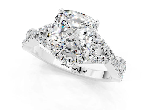 White gold Cushion Cut Moissanite Halo Twist Band Solitaire Prong Setting Ring_1