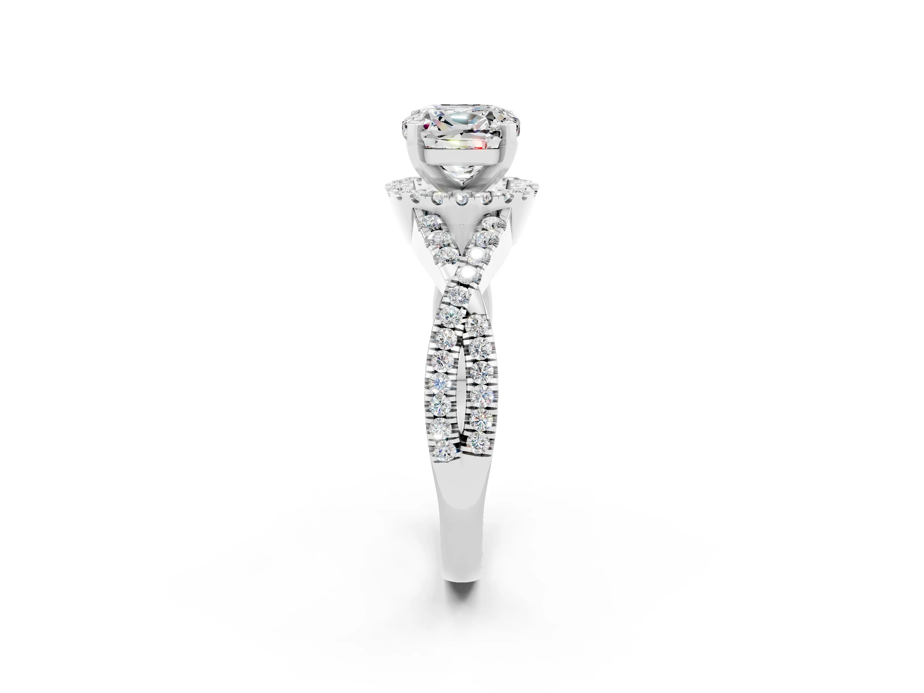 White gold Cushion Cut Moissanite Halo Twist Band Solitaire Prong Setting Ring_2