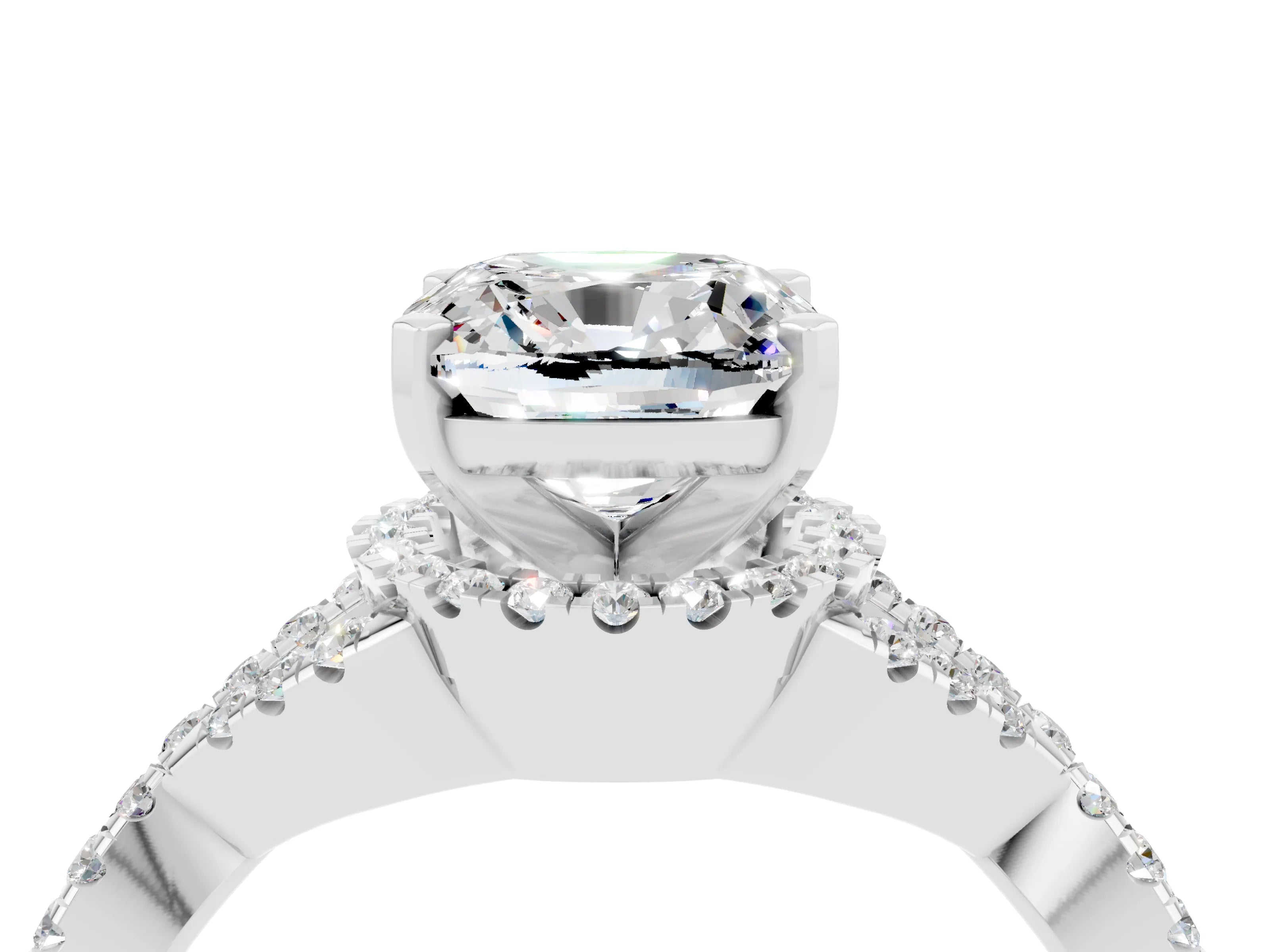White gold Cushion Cut Moissanite Halo Twist Band Solitaire Prong Setting Ring_4