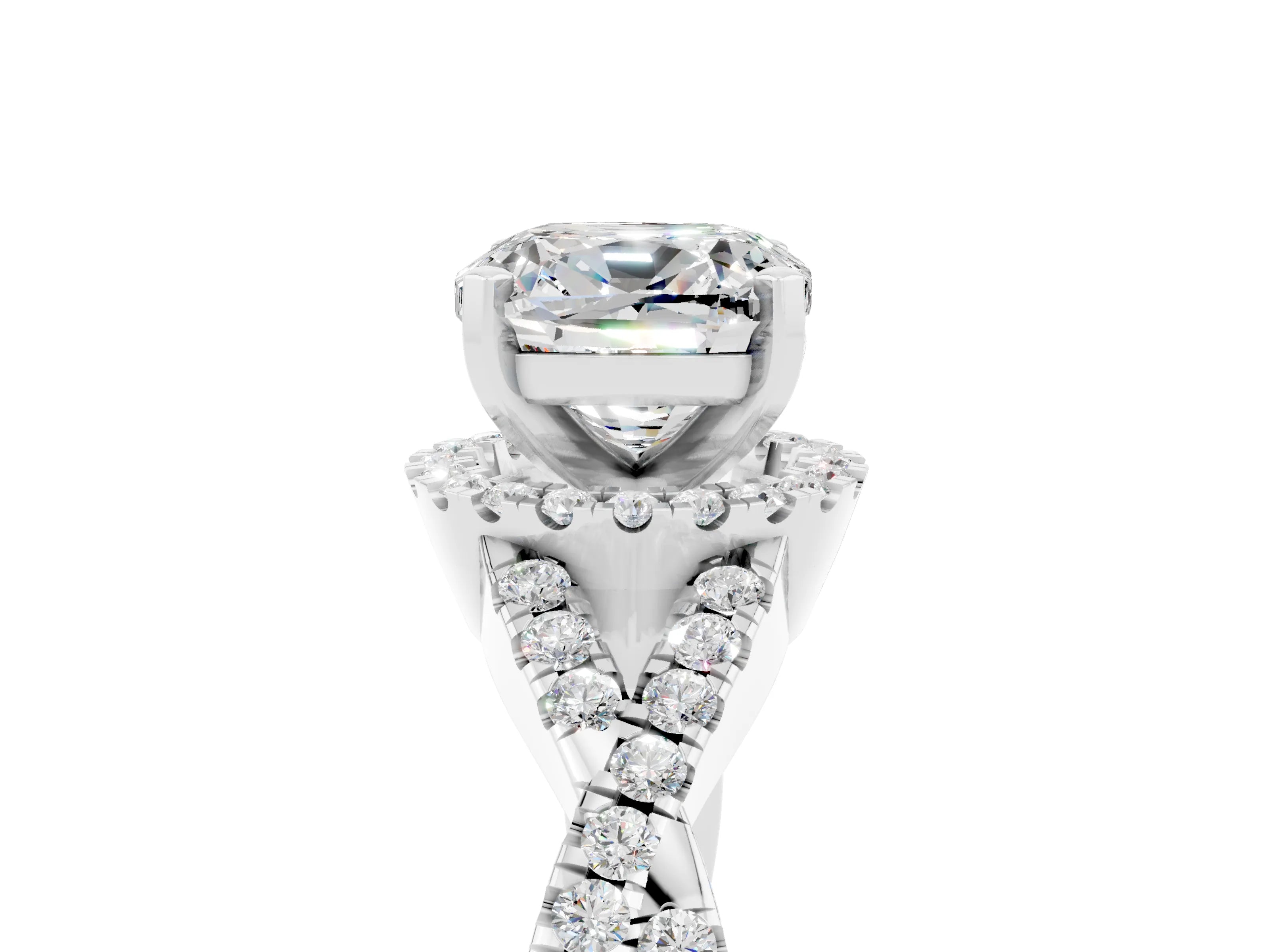 White gold Cushion Cut Moissanite Halo Twist Band Solitaire Prong Setting Ring_5