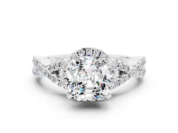Silver Cushion Cut Moissanite  Halo Twist Band Solitaire Prong Setting Ring