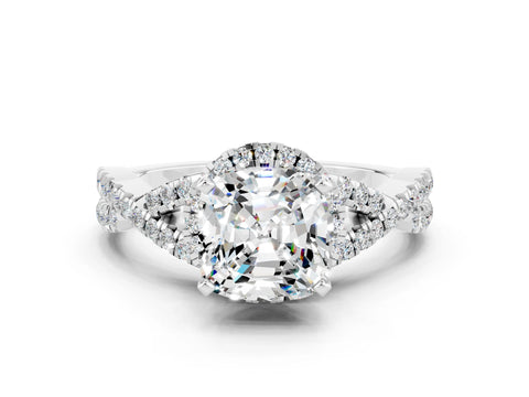 White gold Cushion Cut Moissanite Halo Twist Band Solitaire Prong Setting Ring