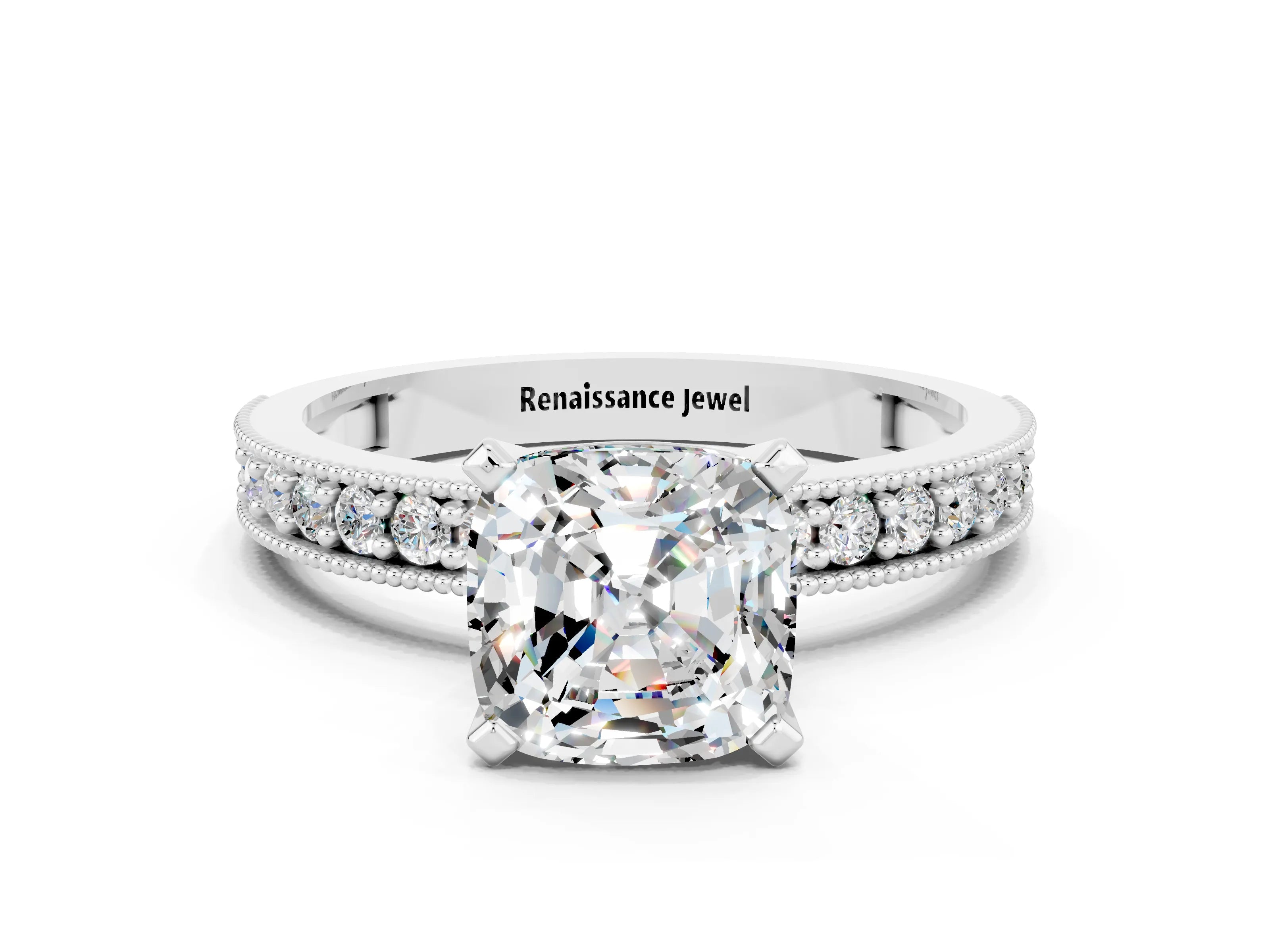 White gold Cushion Cut Moissanite Milgrain Pavé Engagement Ring with Four-Prong Setting_12