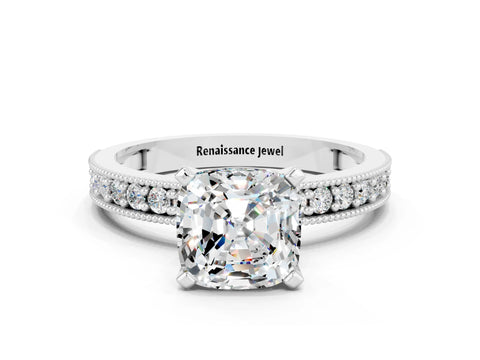 White gold Cushion Cut Moissanite Milgrain Pavé Engagement Ring with Four-Prong Setting_12