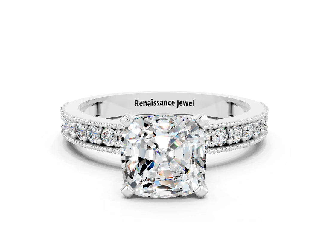 White gold Cushion Cut Moissanite Milgrain Pavé Engagement Ring with Four-Prong Setting_12