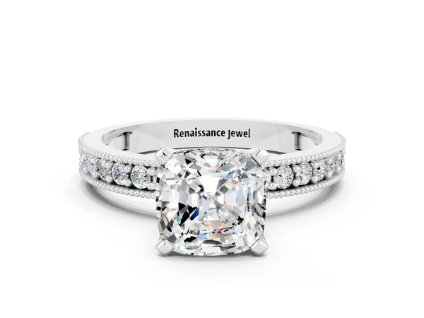 Silver Cushion Cut Moissanite Milgrain Pavé Engagement Ring with Four-Prong Setting