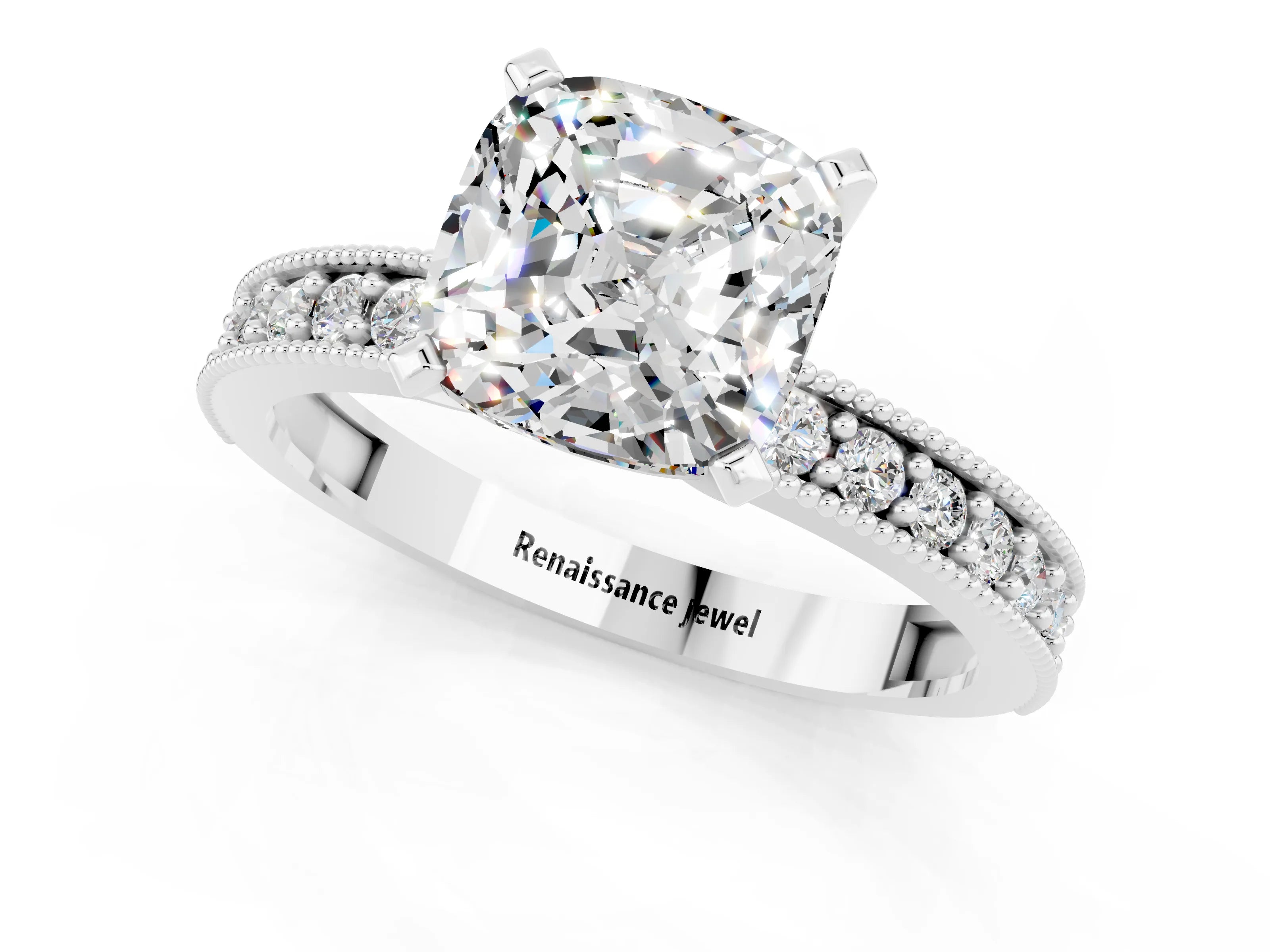 White gold Cushion Cut Moissanite Milgrain Pavé Engagement Ring with Four-Prong Setting_13