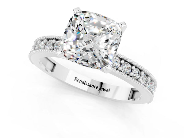 White gold Cushion Cut Moissanite Milgrain Pavé Engagement Ring with Four-Prong Setting