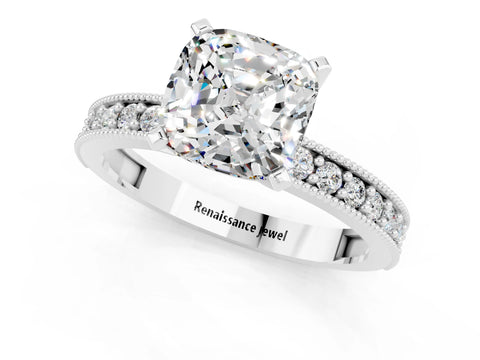 White gold Cushion Cut Moissanite Milgrain Pavé Engagement Ring with Four-Prong Setting_13