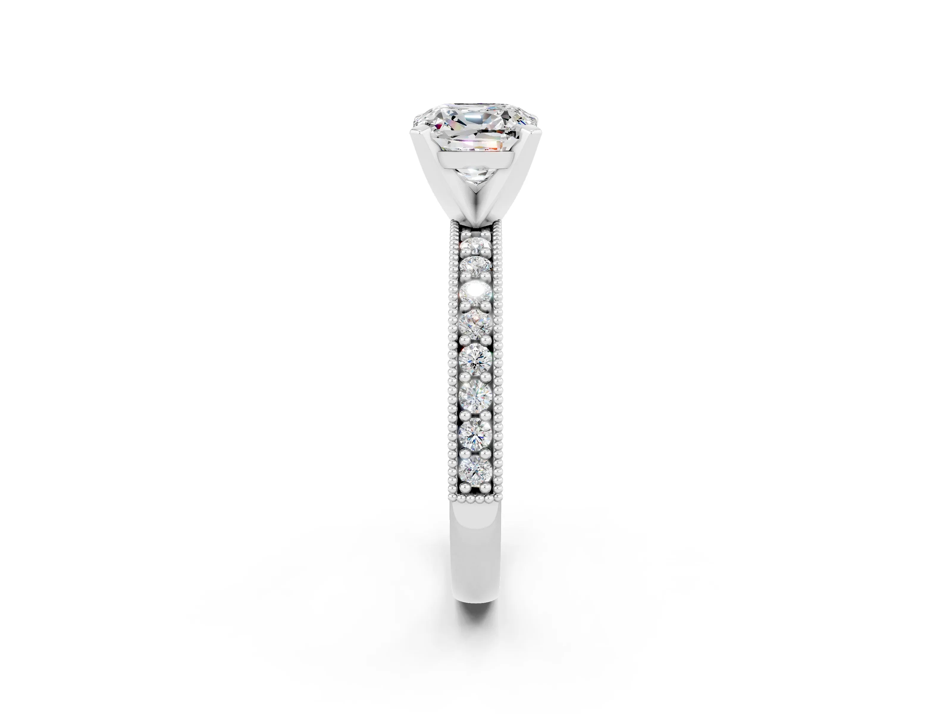 White gold Cushion Cut Moissanite Milgrain Pavé Engagement Ring with Four-Prong Setting_14
