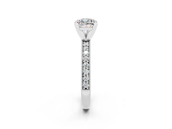 Silver Cushion Cut Moissanite Milgrain Pavé Engagement Ring with Four-Prong Setting