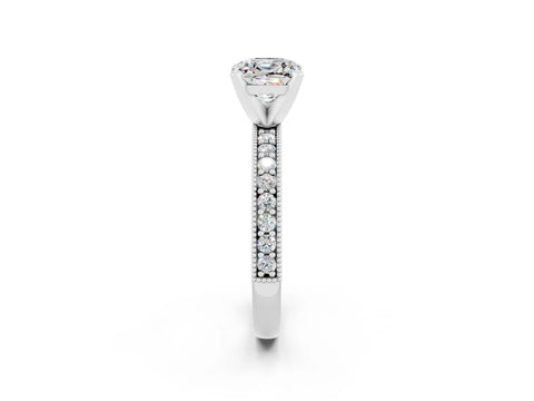 White gold Cushion Cut Moissanite Milgrain Pavé Engagement Ring with Four-Prong Setting_14
