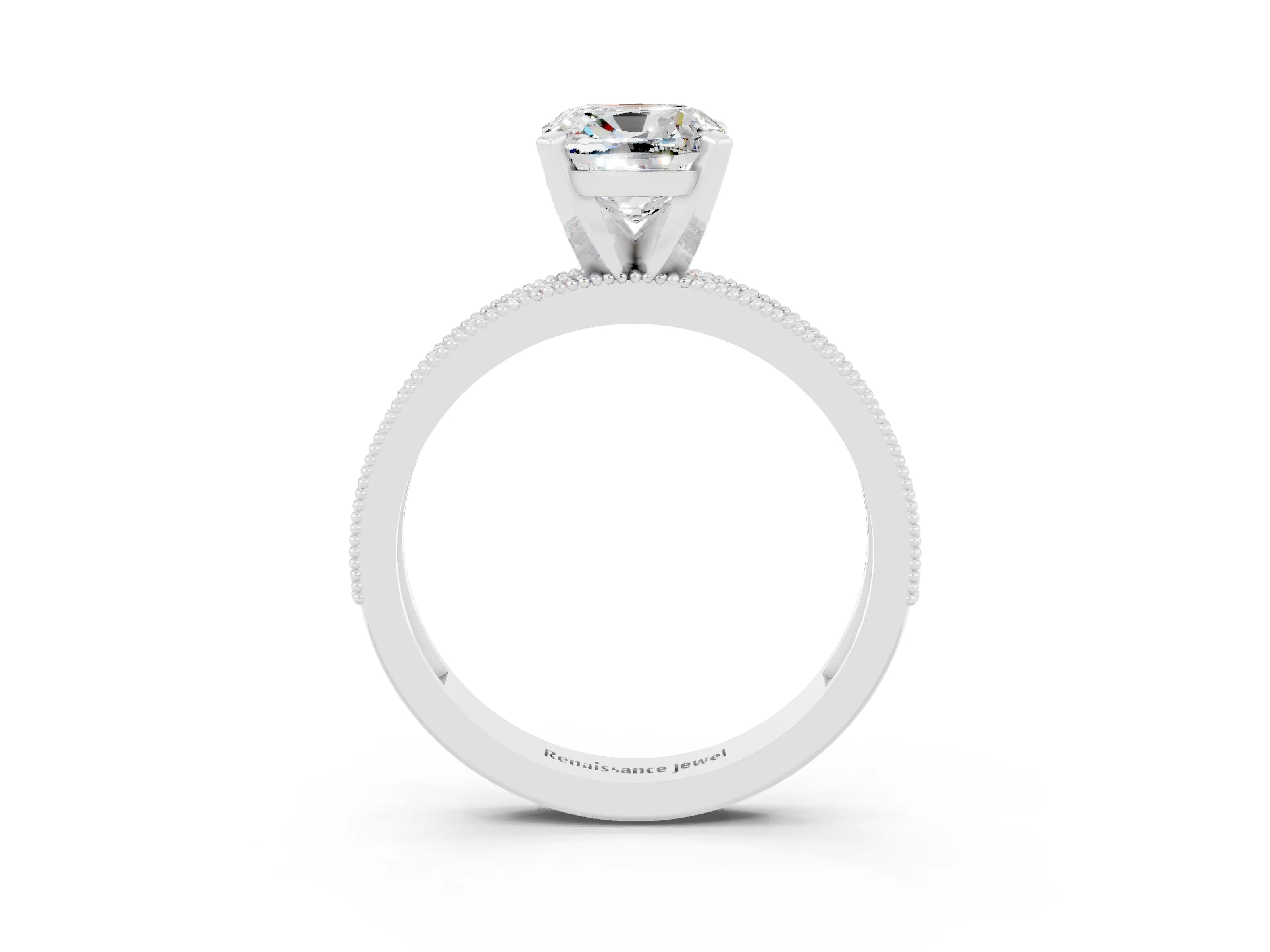 White gold Cushion Cut Moissanite Milgrain Pavé Engagement Ring with Four-Prong Setting_15