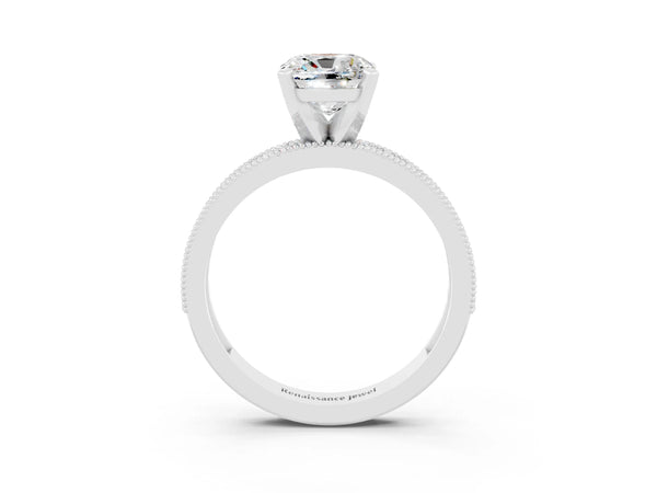 Silver Cushion Cut Moissanite Milgrain Pavé Engagement Ring with Four-Prong Setting