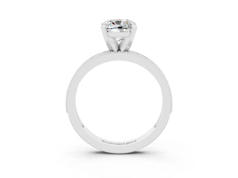 White gold Cushion Cut Moissanite Milgrain Pavé Engagement Ring with Four-Prong Setting_15
